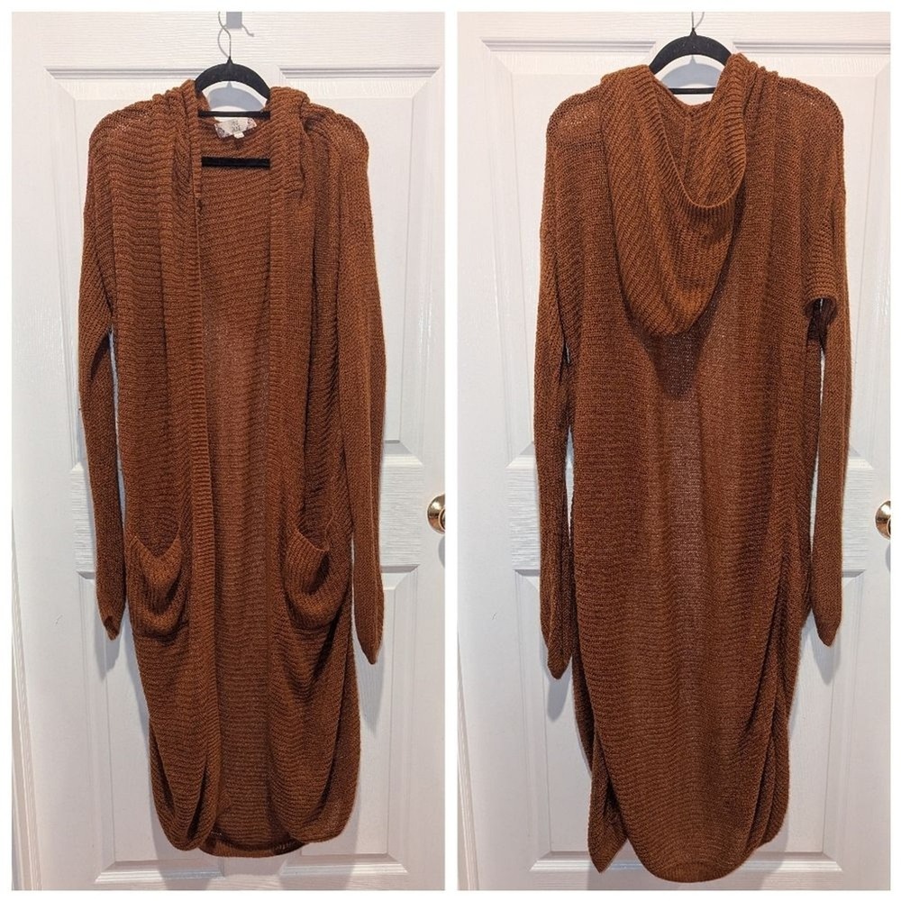 Boho Hooded Duster Cardigan Pink‎ Rose Long Knit Open Front Large Festival Cozy